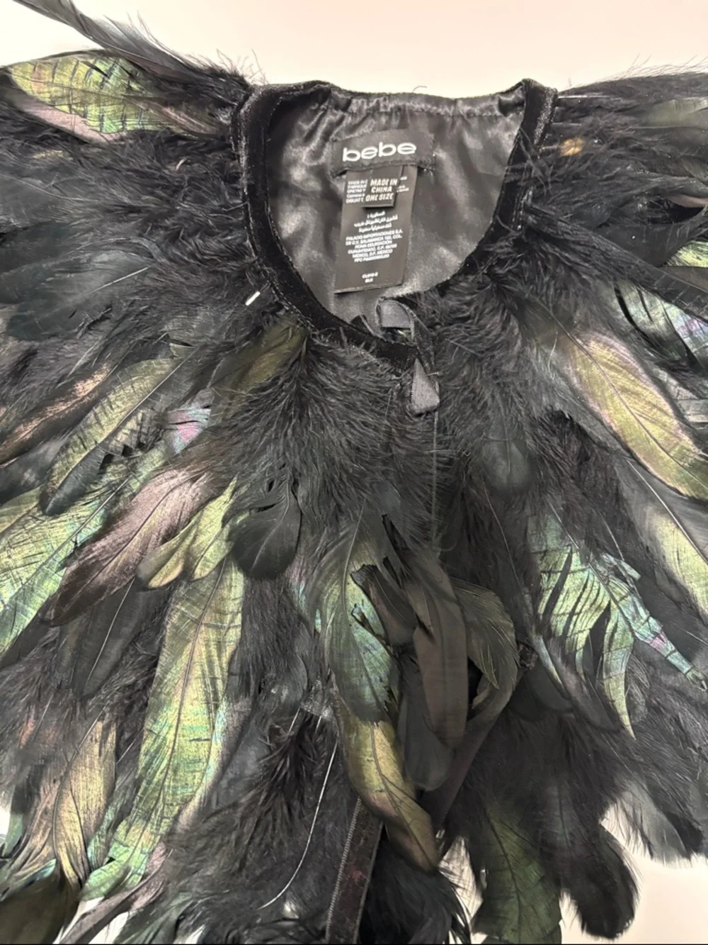 bebe Iridescent Black Feather Capelet with Green and Purple Sheen - Picture 2 of 5